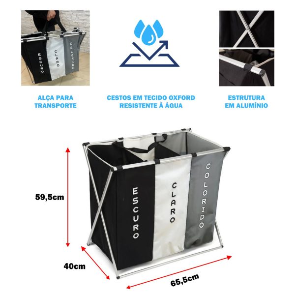 Cesto Organizador de Roupa Suja com 3 Divisórias Portátil - Image 3